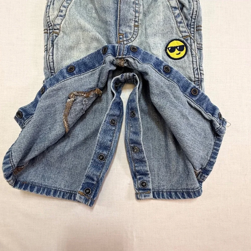 OshKosh Bgosh Baby Boys Blue Denim Overalls Emoji Lightning Bolt Patches 6-9M
